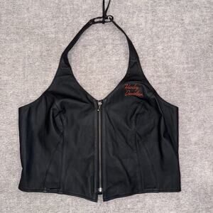 Harley Davidson Leather Embroidered Zip Up Halter Top Size XL Lace Back 2009